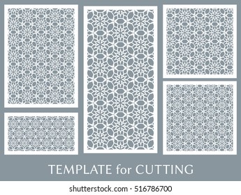 Wedding invitation, Greeting card and Business card template set. Cut out paper cards with lace pattern. Decorative ornate geometric card for laser cutting. Vector line backgrounds collection