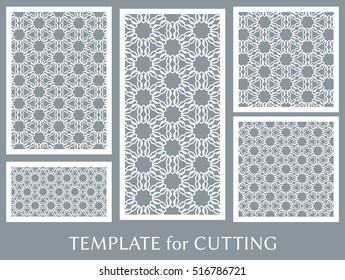Wedding invitation, Greeting card and Business card template set. Cut out paper cards with lace pattern. Decorative ornate geometric card for laser cutting. Vector line backgrounds collection