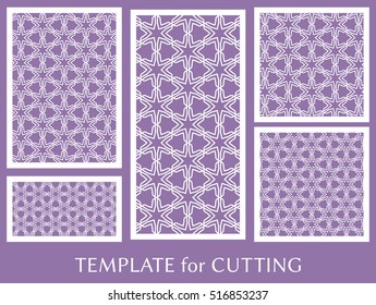 Wedding invitation, Greeting card and Business card template set. Cut out paper cards with lace pattern. Decorative ornate geometric card for laser cutting. Vector line backgrounds collection