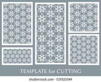 Wedding invitation, Greeting card and Business card template set. Cut out paper cards with lace pattern. Decorative ornate geometric card for laser cutting. Vector line backgrounds collection