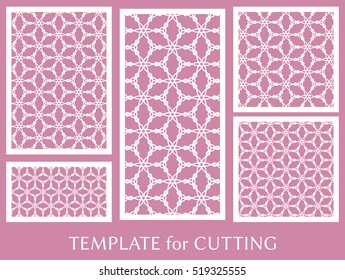 Wedding invitation, Greeting card and Business card template set. Cut out paper cards with lace pattern. Decorative ornate geometric card for laser cutting. Vector line backgrounds collection