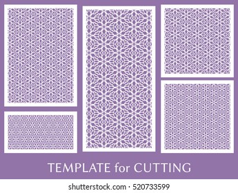 Wedding invitation, Greeting card and Business card template set. Cut out paper cards with lace pattern. Decorative ornate geometric card for laser cutting. Vector line backgrounds collection
