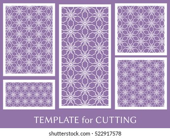 Wedding invitation, Greeting card and Business card template set. Cut out paper cards with lace pattern. Decorative ornate geometric card for laser cutting. Vector line backgrounds collection