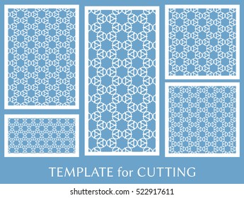 Wedding invitation, Greeting card and Business card template set. Cut out paper cards with lace pattern. Decorative ornate geometric card for laser cutting. Vector line backgrounds collection