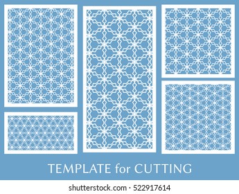 Wedding invitation, Greeting card and Business card template set. Cut out paper cards with lace pattern. Decorative ornate geometric card for laser cutting. Vector line backgrounds collection