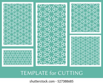 Wedding invitation, Greeting card and Business card template set. Cut out paper cards with lace pattern. Decorative ornate geometric card for laser cutting. Vector line backgrounds collection