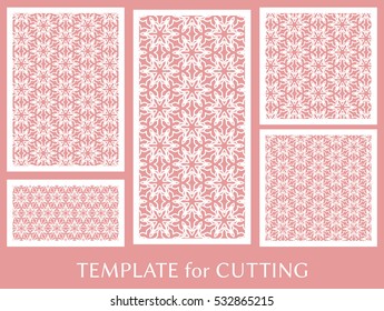 Wedding invitation, Greeting card and Business card template set. Cut out paper cards with lace pattern. Decorative ornate geometric card for laser cutting. Vector line backgrounds collection