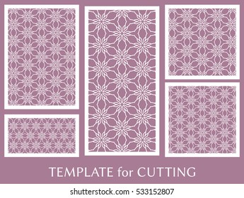 Wedding invitation, Greeting card and Business card template set. Cut out paper cards with lace pattern. Decorative ornate geometric card for laser cutting. Vector line backgrounds collection