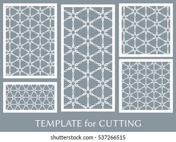 Wedding invitation, Greeting card and Business card template set. Cut out paper cards with lace pattern. Decorative ornate geometric card for laser cutting. Vector line backgrounds collection