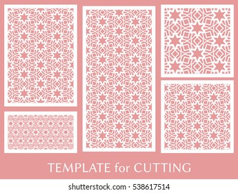 Wedding invitation, Greeting card and Business card template set. Cut out paper cards with lace pattern. Decorative ornate geometric card for laser cutting. Vector line backgrounds collection