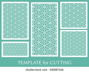 Wedding invitation, Greeting card and Business card template set. Cut out paper cards with lace pattern. Decorative ornate geometric card for laser cutting. Vector line backgrounds collection