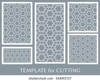 Wedding invitation, Greeting card and Business card template set. Cut out paper cards with lace pattern. Decorative ornate geometric card for laser cutting. Vector line backgrounds collection