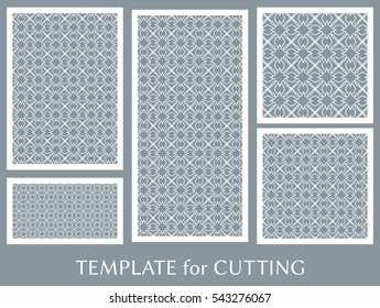 Wedding invitation, Greeting card and Business card template set. Cut out paper cards with lace pattern. Decorative ornate geometric card for laser cutting. Vector line backgrounds collection