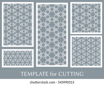 Wedding invitation, Greeting card and Business card template set. Cut out paper cards with lace pattern. Decorative ornate geometric card for laser cutting. Vector line backgrounds collection