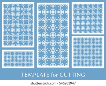 Wedding invitation, Greeting card and Business card template set. Cut out paper cards with lace pattern. Decorative ornate geometric card for laser cutting. Vector line backgrounds collection