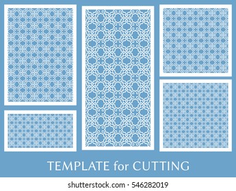 Wedding invitation, Greeting card and Business card template set. Cut out paper cards with lace pattern. Decorative ornate geometric card for laser cutting. Vector line backgrounds collection