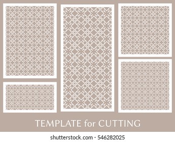Wedding invitation, Greeting card and Business card template set. Cut out paper cards with lace pattern. Decorative ornate geometric card for laser cutting. Vector line backgrounds collection
