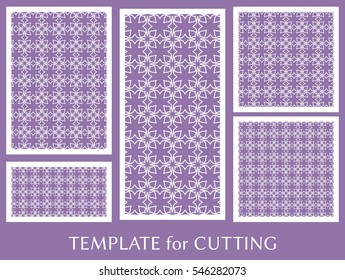 Wedding invitation, Greeting card and Business card template set. Cut out paper cards with lace pattern. Decorative ornate geometric card for laser cutting. Vector line backgrounds collection