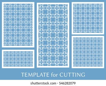 Wedding invitation, Greeting card and Business card template set. Cut out paper cards with lace pattern. Decorative ornate geometric card for laser cutting. Vector line backgrounds collection