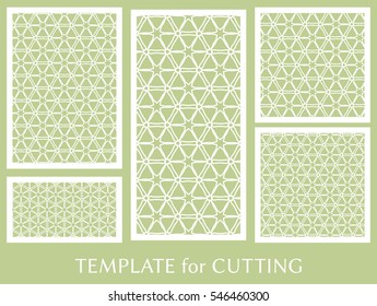 Wedding invitation, Greeting card and Business card template set. Cut out paper cards with lace pattern. Decorative ornate geometric card for laser cutting. Vector line backgrounds collection