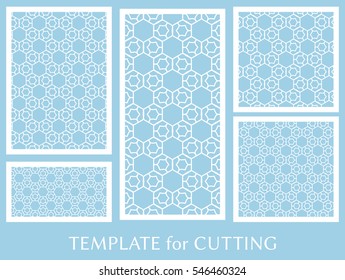 Wedding invitation, Greeting card and Business card template set. Cut out paper cards with lace pattern. Decorative ornate geometric card for laser cutting. Vector line backgrounds collection