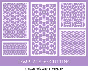 Wedding invitation, Greeting card and Business card template set. Cut out paper cards with lace pattern. Decorative ornate geometric card for laser cutting. Vector line backgrounds collection