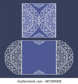 Wedding invitation or greeting card with classical ornament. Picture suitable for laser cutting or printing. White pattern on a blue background. Vector illustration.