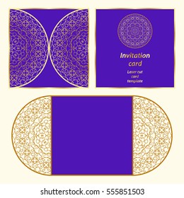 Wedding invitation or greeting card with classical ornament. Picture suitable for laser cutting or printing. Gold pattern on a blue background. Vector illustration.
