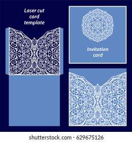Wedding invitation or greeting card with classical ornament. Picture suitable for laser cutting or printing. White gold pattern on a blue background. Vector illustration.