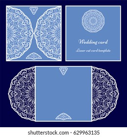 Wedding invitation or greeting card with classical ornament. Picture suitable for laser cutting or printing. Vector white pattern on a blue background.