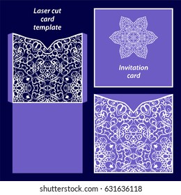 Wedding invitation or greeting card with classical ornament. Picture suitable for laser cutting or printing. Vector white pattern on a lilac background.