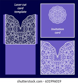 Wedding invitation or greeting card with classical ornament. Picture suitable for laser cutting or printing. Vector white pattern on a blue background.
