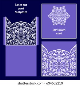Wedding invitation or greeting card with classical ornament. Picture suitable for laser cutting or printing. Vector white pattern on a lilac background.
