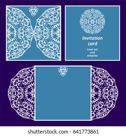 Wedding invitation or greeting card with classical ornament. Picture suitable for laser cutting or printing. Vector white pattern on a lilac background.