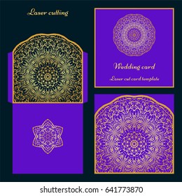 Wedding invitation or greeting card with classical ornament. Picture suitable for laser cutting or printing. Gold pattern on a blue background. Vector illustration.