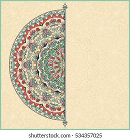 Wedding invitation or greeting card with colorful floral mandala Place for your text. Vintage decorative elements. Vector illustration