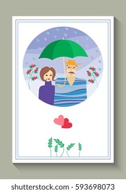 Wedding invitation or greeting card with cute loving couple under and umbrella. Vector illustration. Valentines day.