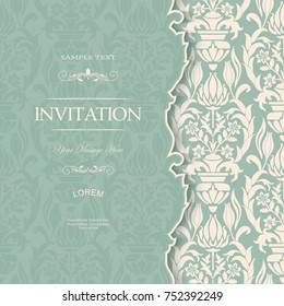 Wedding invitation or greeting card with damask pattern. Place for your text. Vintage decorative elements. Vector illustration