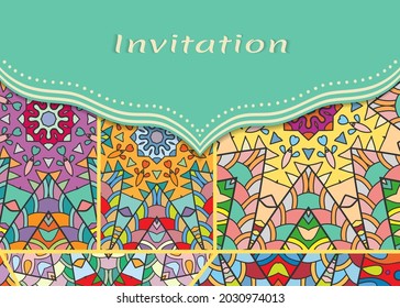 Wedding Invitation or greeting Card design in a folk style. Vintage decorative envelope with tribal ethnic ornament, hand drawn floral doodle pattern and place for the text. Vector patchwork quilt 