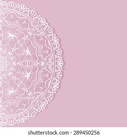 Wedding invitation or greeting card design with lace pattern, ornamental vector illustration.