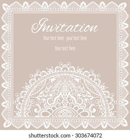 Wedding invitation or greeting card design with lace pattern, ornamental vector illustration. Vector geometric geometric background, Islamic arabic Indian motif