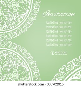 Wedding invitation or greeting card design with lace round ornament elements, geometric pattern, vector illustration