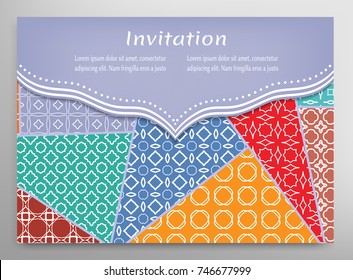 Wedding Invitation or greeting Card design in a folk style. Vintage decorative envelope with patchwork quilt ornament, geometric pattern and place for the text. Vector illustration