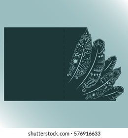 Wedding invitation or greeting card with feather. Envelope mock up for laser cutting. dark