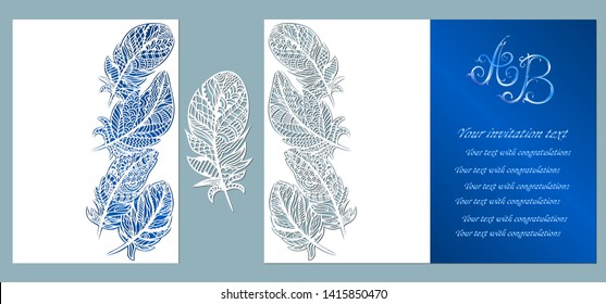 Wedding invitation. Greeting card with feathers. Envelope mock up for laser cutting. Template for laser, plotter cutting. blue.