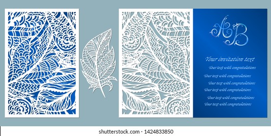 Wedding invitation. Greeting card with feathers. Envelope mock up for laser cutting. Template for laser, plotter cutting. blue.