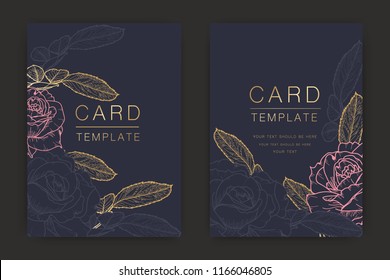 Wedding Invitation/ Greeting card , floral invite, Thank you, rsvp, Modern card design with  gold and rose flower line art, Vector illustration Template.