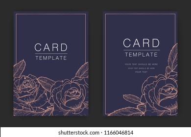 Wedding Invitation/ Greeting Card , Floral Invite, Thank You, Rsvp, Modern Card Design With  Gold And Rose Flower Line Art, Vector Illustration Template.