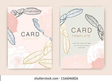 Wedding Invitation/ Greeting card , floral invite, Thank you, rsvp, Modern card design with  gold and rose flower line art, Vector illustration Template.