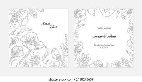 Wedding invitation or greeting card with floral pattern. Double sided card template